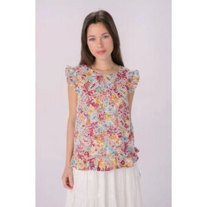 Boutique Solitaire Red Tropical Floral Eyelet Ruffle Tank Top M